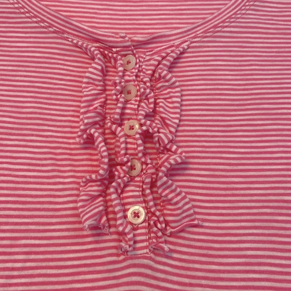 Long sleeve cotton stripe ruffle Henley scoop neck T-shirt Barbie Barbiecore - Picture 7 of 15